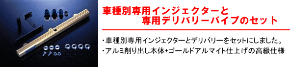 【車種別専用インジェクターと専用デリバリーパイプのセット】・車種別専用インジェクターとデリバリーをセットにしました。・付属インジェクターはZ33（２種類）、ER34（３種類）を設定・アルミ削り出し本体＋ゴールドアルマイト仕上げの高級仕様