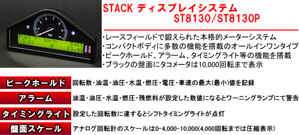 【STACKディスプレイシステムST8130/ST8130P】・レースフィールドで鍛えられた本格的メーターシステム・コンパクトボディに多数の機能を搭載のオールインワンタイプ・ピークホールド、アラーム、タイミングライト等の機能を搭載・ブラックの盤面にタコメータは10,000回転まで表示/[ピークホールド]回転数・油温・油圧・水温・燃圧・電圧・車速の最大（最少）値を記録[アラーム]油温・油圧・水温・燃圧・残燃料が設定した数値になるとワーニングランプにて警告[タイミングライト]設定した回転数に達するとシフトタイ